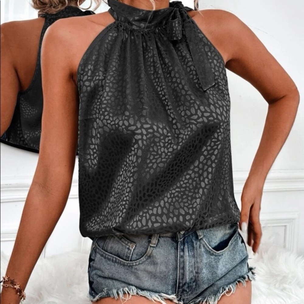 Black Leopard print satin jacquard knot halter top